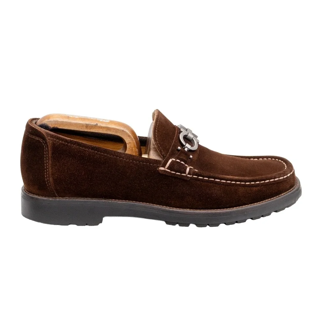 $849.00! Salvatore Ferragamo Gancini Logo Suede Loafers Brown Men's US 8.5 D